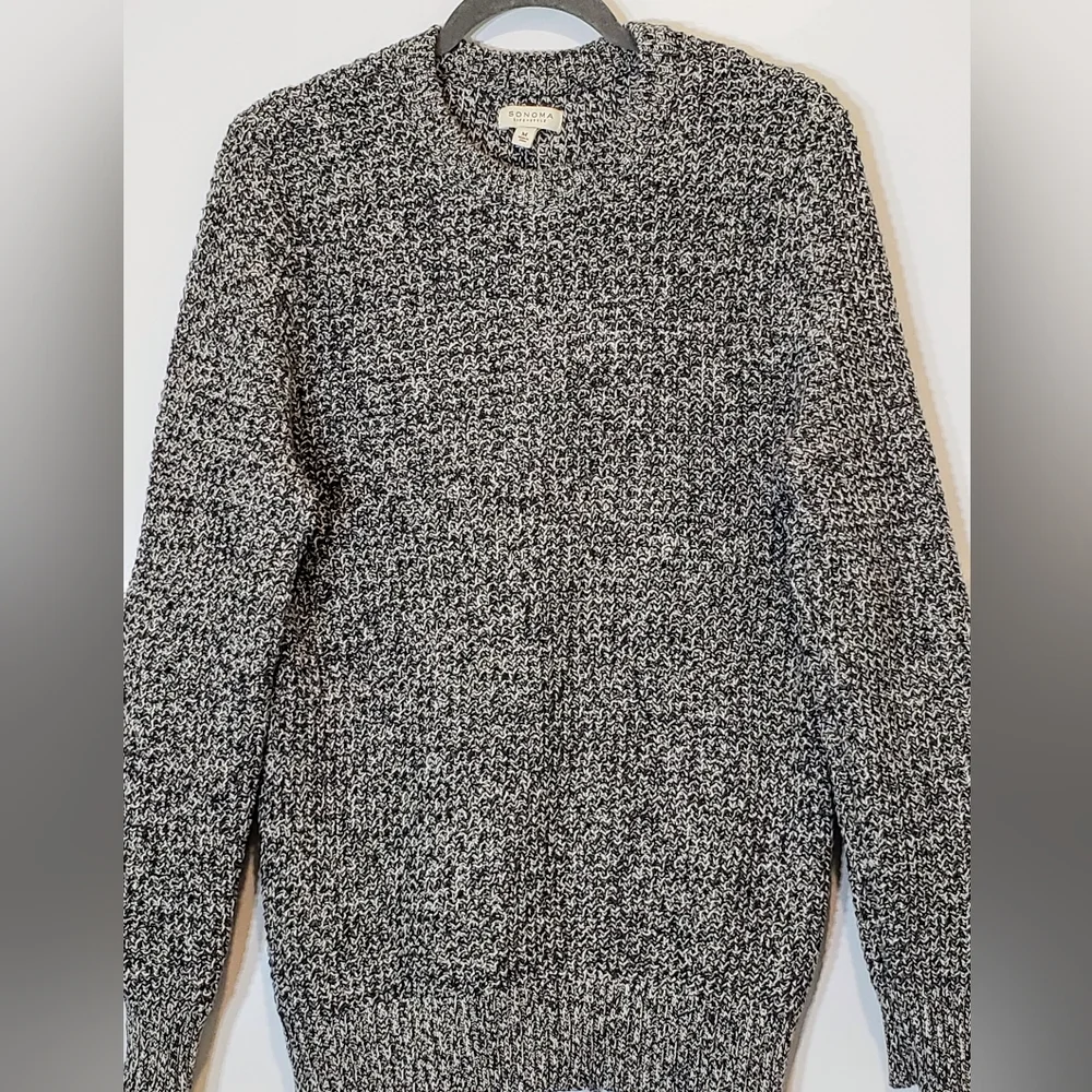 Sonoma Marled Crewneck Sweater Pullover Black White Knit Patch Elbows Sz Medium